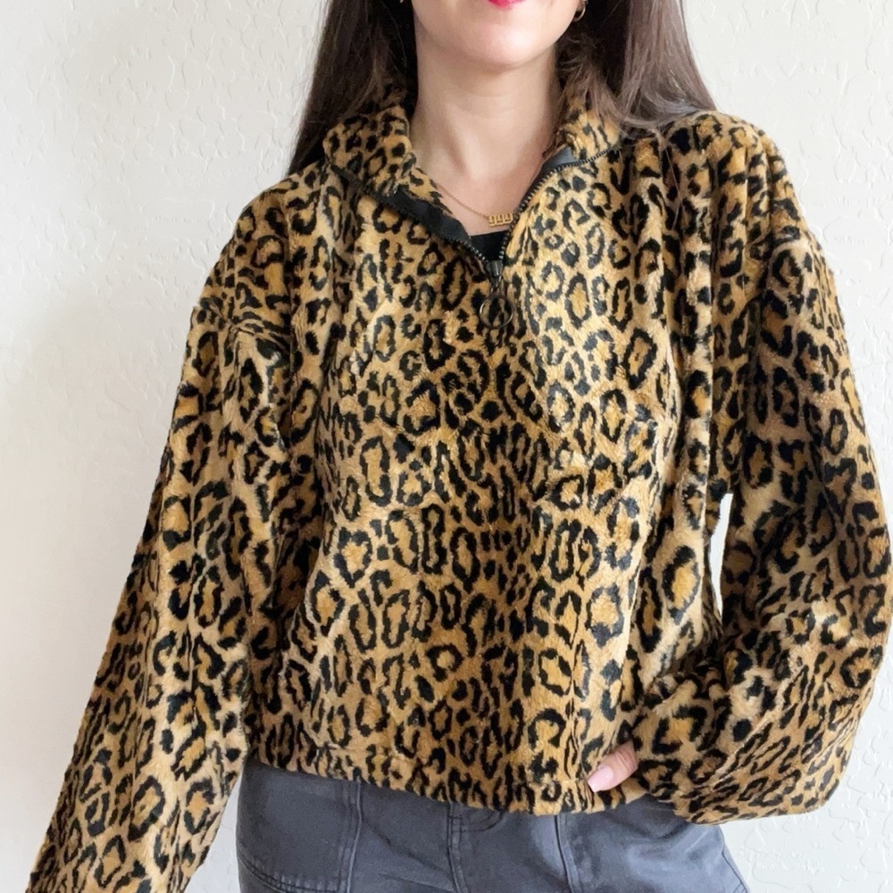 vintage kathleen for sweet herb leopard print 1/4 zip pullover sweater jacket